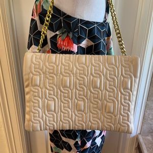 Nude pleather clutch bag with gold metal strap